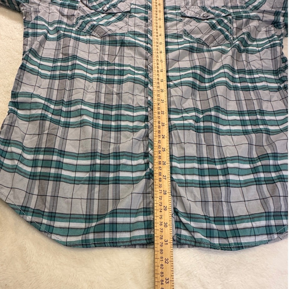 Helix Mens XL Teal Grey Plaid Western Pearl Snap Roll Tab Long Sleeve Shirt - Picture 4 of 9